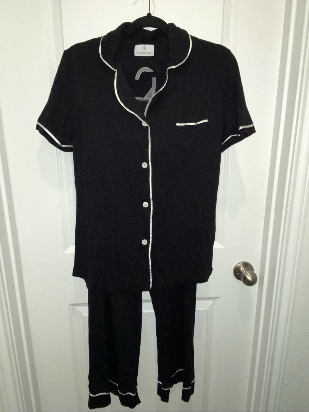 Cosabella Black Short-Sleeve Pajama Set with White Piping
